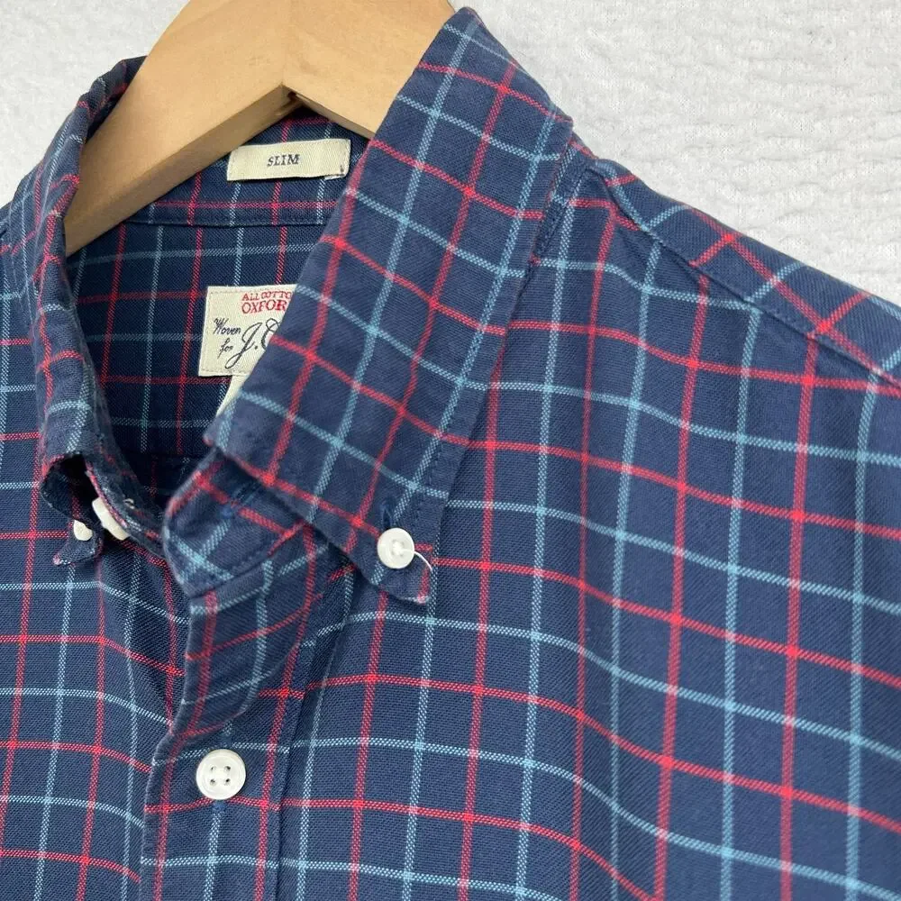 J.CREW Shirt Mens S All Cotton Oxford Slim Fit Tattersall Check Button Up Blue